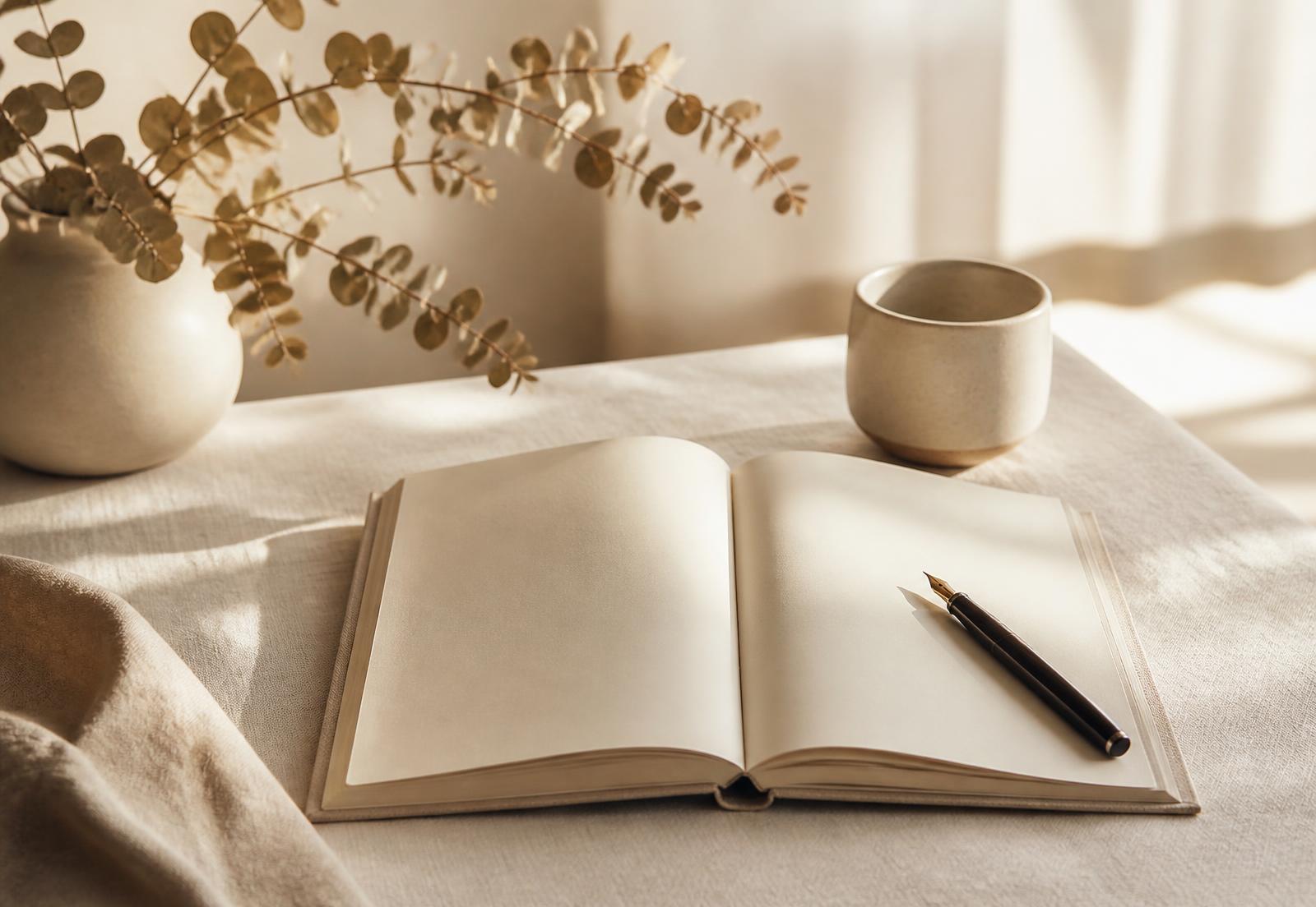 An open workbook and fountain pen on a linen desk in warm morning light